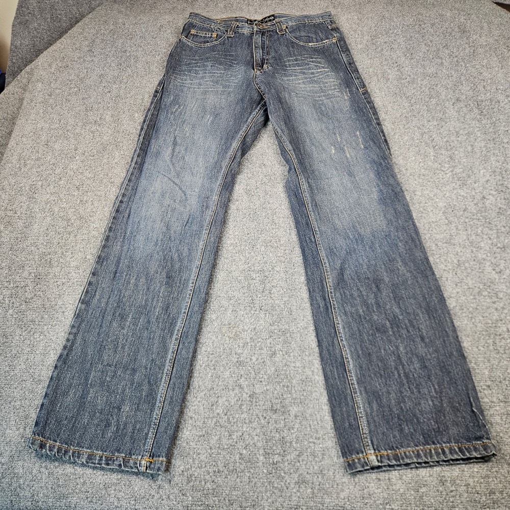 Brooklyn Xpress Mens Y2K Baggy Jeans Blue Denim Cross Back‎ Pockets